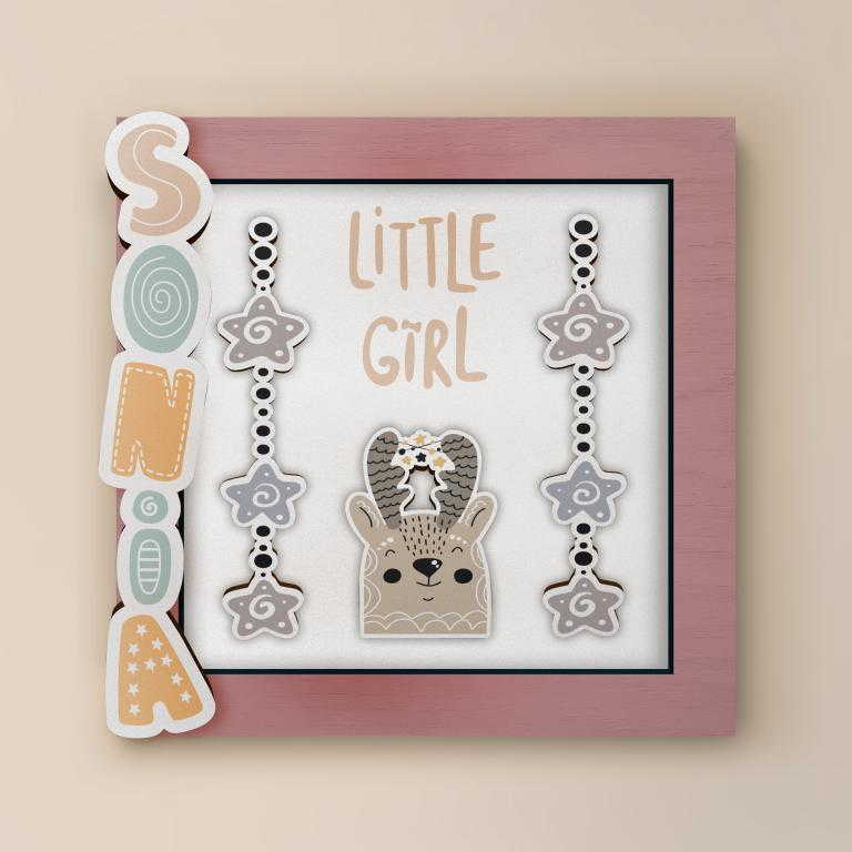 Immagine prodotto: Quadretto personalizzato in legno con applicazioni grafica modello FFCUTE9: Realizzabile sia rosa per femminuccia che azzurro per maschietto